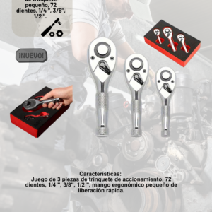 Juego de 3 herramientas de trinquete de rueda de pulgar con accionamiento de 3/8 1/4 1/2 pulgadas, herramientas de mano corta de 72 dientes